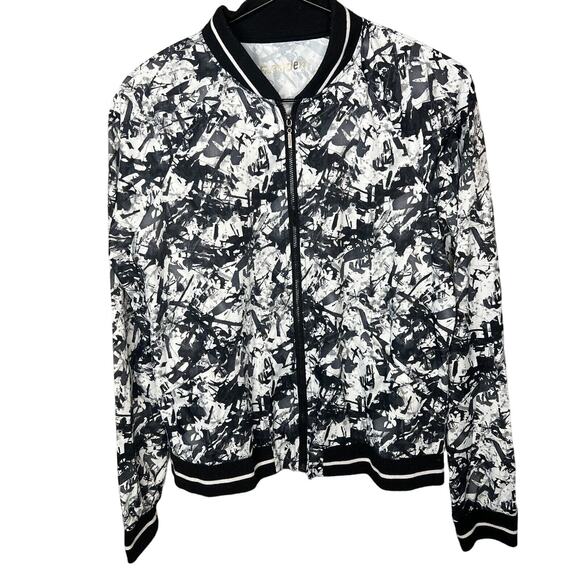 Madden NYC Womens Sz M Satin Bomber Jacket Zip Up Black White Abstract - Picture 1 of 3